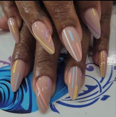 June Nails Almond, Short Point Nails Design, Abstract Nail Art Designs French Tips, Small Almond Nails Design Summer, Oval Nails Trendy, Almond Abstract French Tip Nails, Fun Nude Nails, Gold Chrome Nails On Dark Skin, Gel Nail Manicure Ideas