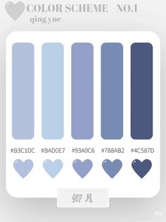 the color scheme for different shades of blue and purple, with hearts on each side