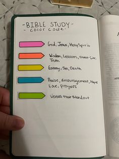 a hand holding an open bible with colored arrows