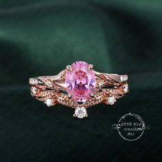 Vintage Oval pink sapphire engagement ring sets rose gold Leaf Unique Nature Inspired Sep birthstone wedding Bridal anniversary ring women (Please comfirm your US size when you make an order) Jewelry details: Matal Type: 14k gold /18k gold Engagement Ring: Center Stone: Lab pink sapphire Stone Size: 6*8mm Side stones: Natural and conflict-free diamonds Total weight: 0.08ctw (High Quality) Color: G-H Clarity: SI-VS Or Side Stone:Moissanite Wedding band Stone: Natural and conflict-free diamonds Ca Pink Oval Wedding Ring, Goddess Epona, Engagement Ring Sets, Pink Sapphire Engagement Ring, 18k Gold Engagement Ring, Rose Gold Leaf, Sapphire Engagement Ring Set, Pink Sapphire Ring Engagement, Boho Cowgirl