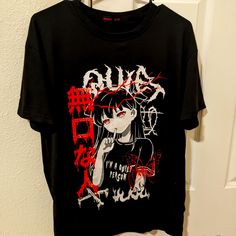 Fits Like A Night Shirt. Definitely Something That Would Be Great For The Goth T-Shirt Collection Edgy Anime Print Crew Neck Tops, Black Cotton Tops With Anime Print, Edgy Black T-shirt With Anime Print, Black Anime Print Crew Neck Top, Edgy Anime Print Short Sleeve Tops, Black Crew Neck Top With Anime Print, Edgy Black Tops With Anime Print, Black Edgy Shirt With Text Print, Edgy Black Shirt With Text Print