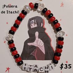 a bracelet with an image of a woman wearing a black veil and red beads on it