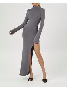 A knit maxi dress featuring a turtleneck, long sleeves, asymmetrical hem, leg slit, and bodycon silhouette.Asymmetrical Turtleneck Maxi Dress Grey   Long Sleeve  Plain Bodycon   Women Clothing, size features are:Bust: ,Length: ,Sleeve Length: Turtleneck Maxi Dress, Mock Neck Sweater Dress, Knit Maxi Dress, Grey Maxi Dress, Long Sleeve Tops Casual, Maxi Knit Dress, Women Long Dresses, Mock Neck Sweater, Asymmetrical Hem