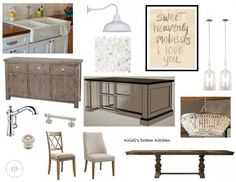 a collage of kitchen and dining room items including sink, cabinets, lights, chandelier