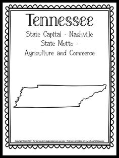 the state map for tennessee with words that read tennessee state capital - nashville, state motto and