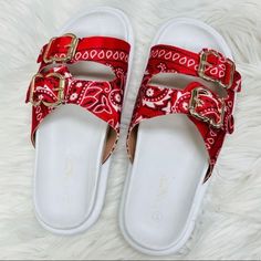 Nwot | Size 8 | Red & White | Bandana Print | Double Buckle Sandals Double Buckle Sandals, White Bandana, Buckle Sandals, Bandana Print, Lady In Red, Women's Shoes Sandals, Red White, Shoes Sandals, Red And White