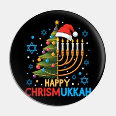 a happy christmas tree and menorah on a black background