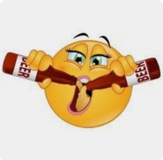 an emoticive smiley face holding a bar in it's mouth with both hands