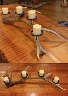 candles are placed on antler branches and ready to be used as centerpieces