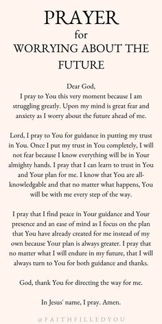 a poem written in black and white with the words prayer for worrying about the future