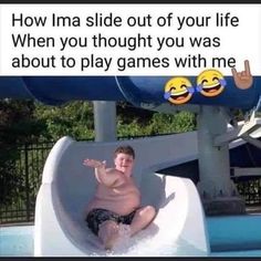 a man sitting on top of a slide next to a swimming pool with two emoticions