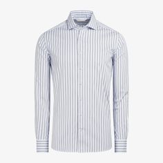 A
  classic white button-up with a dynamic dark blue triple stripe, perfect for
  bringing a bit of classic pattern to any casual or business look. Business Cotton Tops With Spread Collar, Striped Fitted Cotton Shirt, Fitted Striped Top For Business, Striped Cotton Top With Spread Collar, Elegant Striped Cotton Tops, Fitted Striped Shirt With Spread Collar, Striped Long Sleeve Business Tops, Casual Striped Tops For Business, Formal Striped Top With Spread Collar