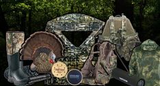 an assortment of hunting gear is displayed in front of trees