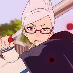 an anime character with glasses holding a baseball bat