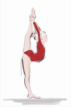 a woman in a red leotard doing a handstand on one leg