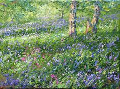 an oil painting of trees and flowers in the woods with green grass, bluebells and purple wildflowers