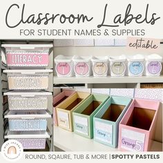 classroom labels for student names and supplies editable to use on the shelf in the classroom