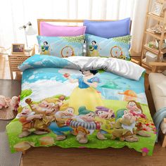 a bed with snow white and seven dwarfs on it