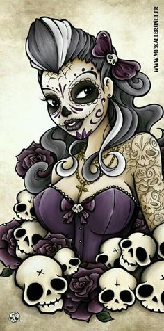 a woman with skulls and roses on her face is shown in this tattoo art print