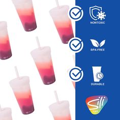 six different types of drinks with straws in each cup and the same type of drink on