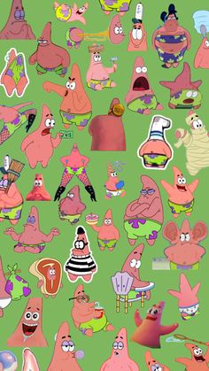 an image of many cartoon characters on a green background