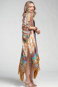 Cairo Fringe Kimono Beautifully Detailed Floral and Damask Prints on Jacquard Fabric with Long Elegant Tassel Fringe Edging the Bottom of the Lightweight Kimono Fabric: 100% Viscose Jacquard APPROX: L 38” W 39” Fringe L 8” Western Kimono, Boho Glam Fashion, Bohemian Kimono, Fringe Kimono, Embroidered Kimono, Chiffon Kimono, Boho Fringe, Rodeo Cowboy, Swim Coverup