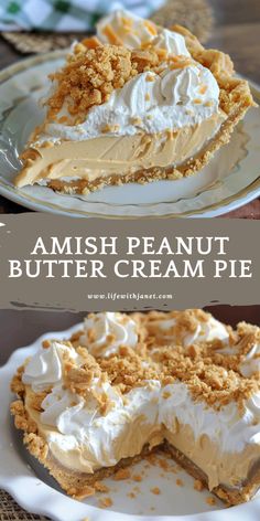 an image of a piece of cake with whipped cream on top and the words amish peanut butter cream pie above it