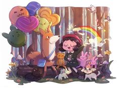 a girl is surrounded by stuffed animals in the woods with rainbows and butterflies above her