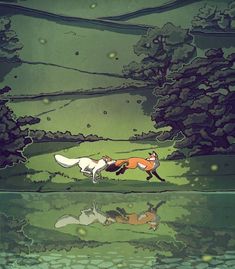 a fox and a dog are running in the grass near water with trees behind them