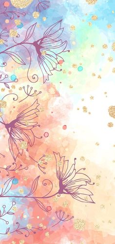 an artistic painting with flowers and bubbles in the background is blue, pink, yellow and white