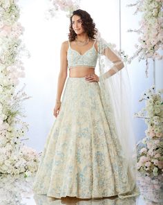 Blue Sequin Lehenga, Cream Lehenga, Top Lehenga, Sequin Lehenga, Pearl Tassels, Seema Gujral, Floral Lehenga, Indian Outfits Lehenga, Wedding Lehenga Designs