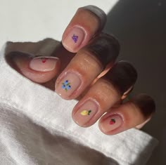 Minimalistic Nail Designs Short Nails, Minimal Short Nail Design, Tiny Fruit Nails, Little Fruit Nails, Micro Nail Art, Fruit Salad Nails, Short Fruit Nails, Short Round Nails Summer, Nails On Natural Nails