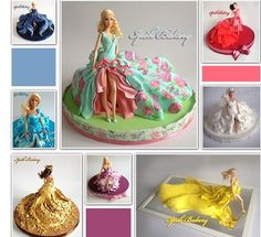 a collage of photos with barbie dolls and cake toppers on it's sides