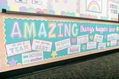 a bulletin board that says amazing things happen here