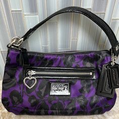 Purple & Black Bold Fashion Statement Silver Accent Pristine Interior W 2 Pockets, 1 Zippered Laying Flat Measures Approx 11” X 8” Great Hardware!! Coach Bag, Silver Accents, Bold Fashion, Purple Black, Purple And Black, Coach Bags, Fashion Statement, Bag Lady, Zipper