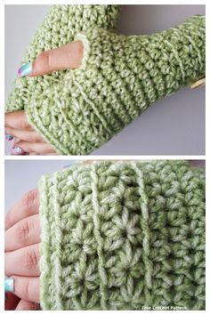 crocheted fingerless gloves are shown in two different pictures, one is green and the other is white