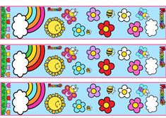 two strips with flowers and bees on them, one has a rainbow in the middle