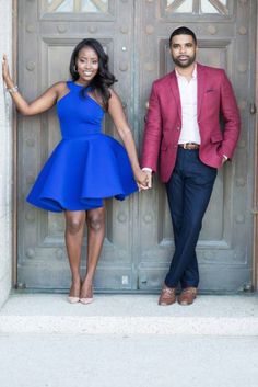 a man and woman holding hands in front of a door with the caption as seen on blaxbi bride com