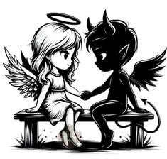 an angel and demon sitting on a bench with their hands in each other's hearts