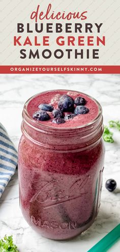 blueberry kale green smoothie in a mason jar