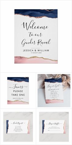 the wedding stationery is shown in pink, blue and white with gold foil on it