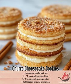 a stack of churro cheesecake cookies with cinnamon sticks