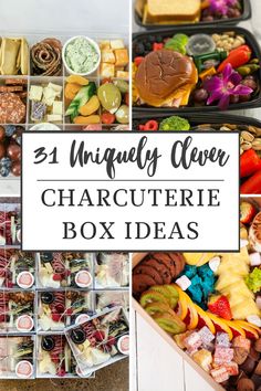 a collage of images with the words, uniquely clever charcuterie box ideas