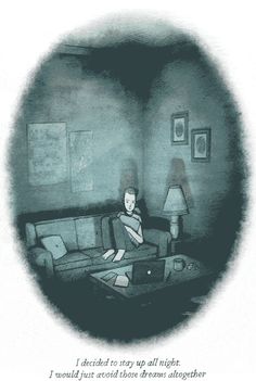 a drawing of a person sitting on a couch in a living room with a coffee table