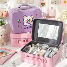 The Cute Cosmetic Cases are perfect for storing your makeup and beauty essentials. Each case features a different kawaii animal design - a bunny, bear, or puppy - and comes with a handy mirror inside the lid for touch-ups on the go. The cases are made with high-quality materials and are perfect for organizing your makeup at home or for taking it with you when you travel. The cases are just the right size to fit in your purse or backpack, making them a convenient and stylish option for anyone who Pastel Storage, Makeup Storage Case, Cartoon Makeup, Creative Notebooks, Kawaii Bags, Notebook Case, Beauty Storage, Cosmetic Box, Women Cosmetics