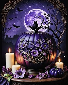 a painting of a pumpkin with candles and flowers in front of a full moon background