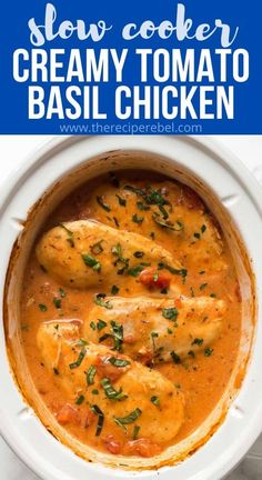 creamy tomato basil chicken in a white bowl with text overlay