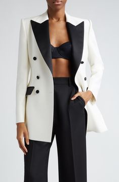 Dolce&Gabbana Contrast Detail Double Breasted Wool Blend Blazer | Nordstrom Women Tuxedo Wedding, Tuxedo Dresses For Women, Female Tux, Black And White Suit, Woman Suit, Black And White Tuxedo, Tuxedo Women, Tailored Suit, White Tuxedo