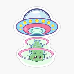 a sticker with an alien flying through the sky in front of a pink background