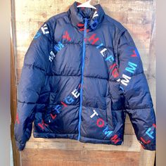 New With Tags Beautiful Puffer Coat Size Men's Medium Price Is Firm Not For Trade Sporty Blue Tommy Hilfiger Outerwear, Tommy Hilfiger Blue Outerwear For Fall, Casual Blue Tommy Hilfiger Outerwear, Blue Tommy Hilfiger Outerwear With Pockets, Tommy Hilfiger Jacket Mens, Mens Puffer Coat, Tommy Hilfiger Coat, Puffer Jacket Men, Hooded Winter Coat